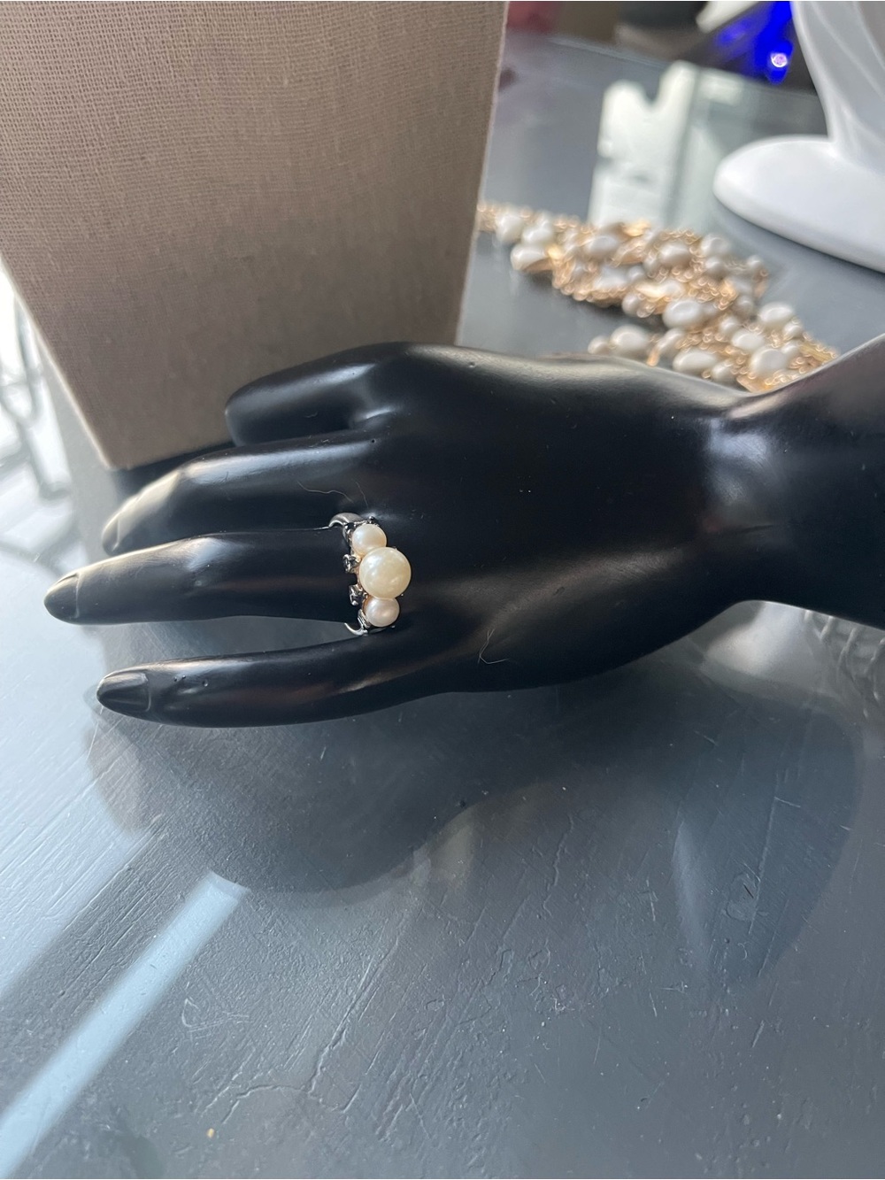 Pearl Cluster 925 Sterling Silver Ring with Blue Stones- Ivory Pearl Accent